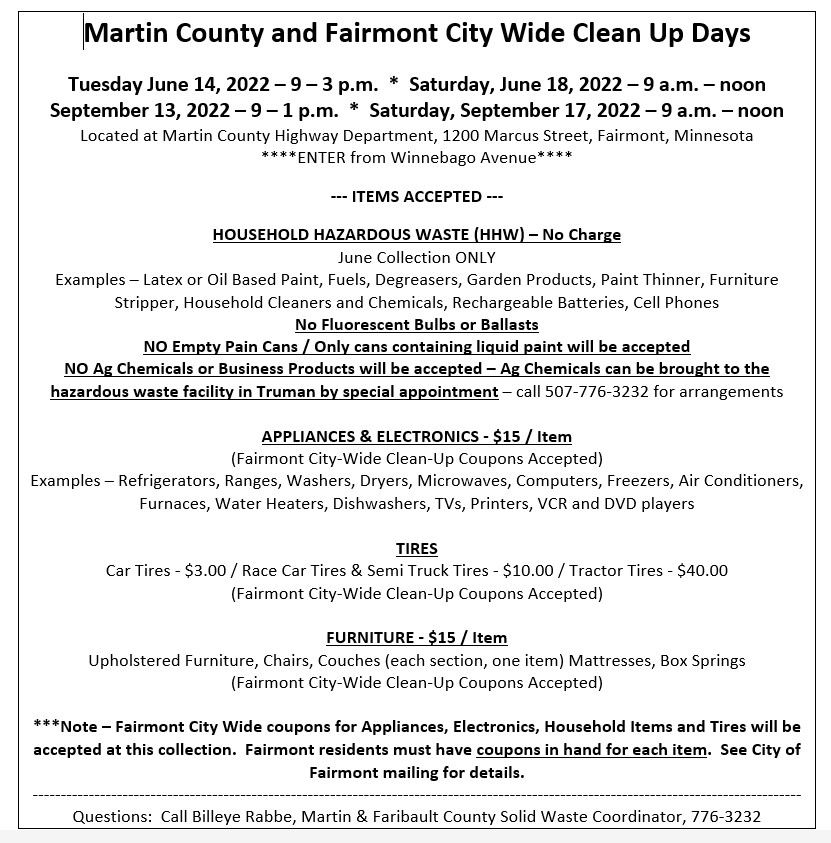 Clean-Up Collection Event: Fairmont @ Martin County Highway Department